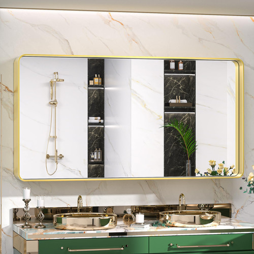 Bathroom Vanity Mirror 48 x 24 Inch Gold Metal Frame Round Corner Rectangular...