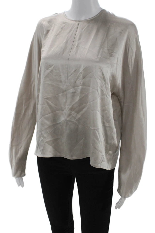 Blusa Vince Mujer Beige Seda Básica Manga Larga Talla Pequeña S Foto 2 de 4