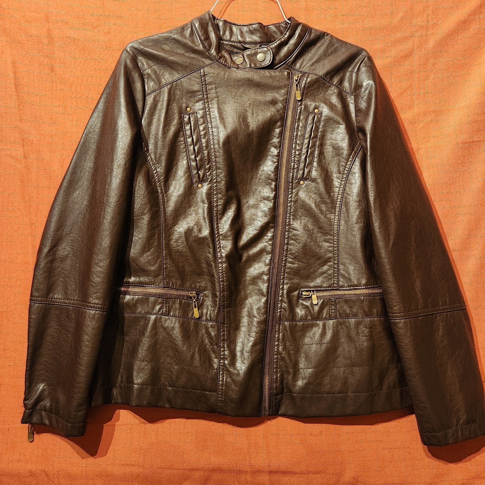 Ashley Stewart Sz 12 Chocolate Brown Faux Leather Biker Moto Jacket Zip Close