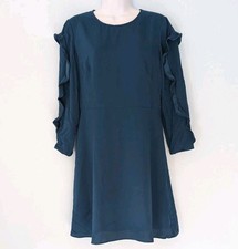 Loft Ruffle Sleeve Dress Women's 6 Petite Blue Green Modest Neckline 35.5" Long 