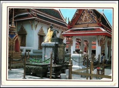 Vintage Bangkok Thailand Wat Pra Kaew Temple Statue Chrome Postcard Posted K001