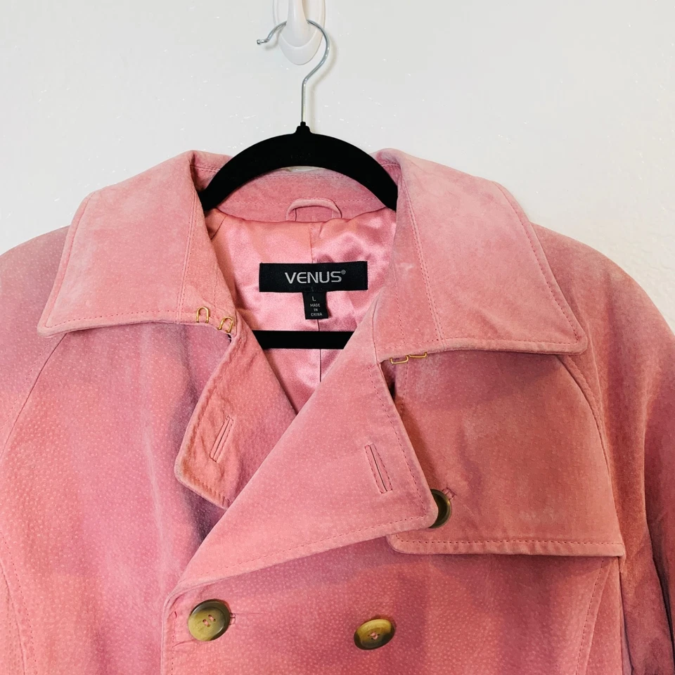 Trench coat vintage Y2K Vênus camurça rosa grande Barbie anos 90 esposa máfia dinheiro antigo - Imagem 2 de 4