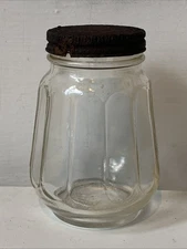 ANTIQUE (AUG. 5, 1919) HALF PINT RIBBED GLASS JAR WITH METAL LID