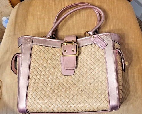 Vintage Coach handbag rose suede accents & faux wicker panels ~12x8x4" body