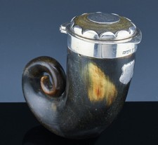 FINE 1911 EDWARDIAN EDINBURGH SCOTTISH STERLING SILVER & RAM HORN SNUFF MULL BOX