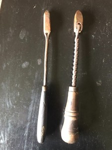 Two Vintage Copper Tip Soldering Iron with Twisted and steel Shank & Wood Handle