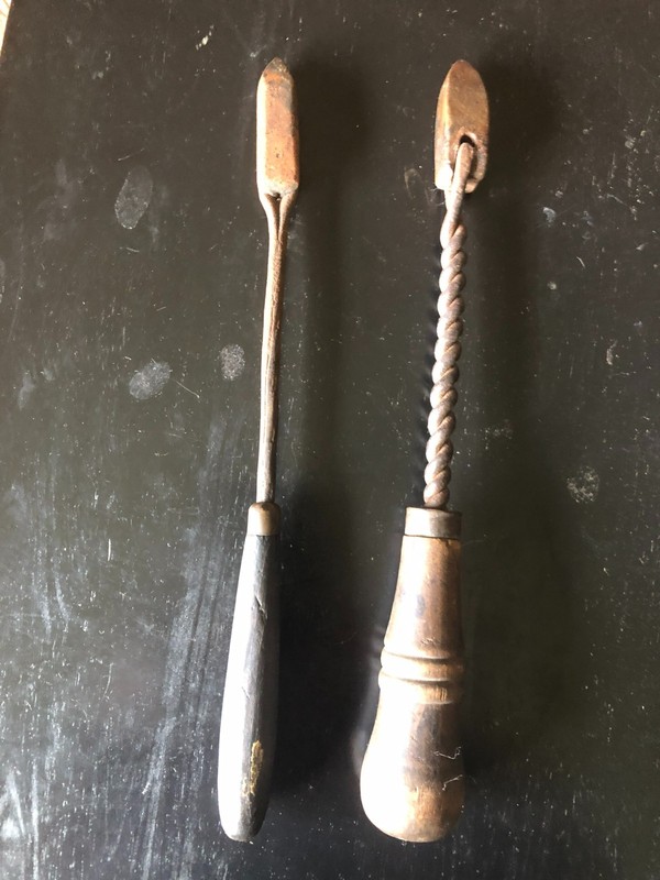 Two Vintage Copper Tip Soldering Iron with Twisted and steel Shank & Wood Handle