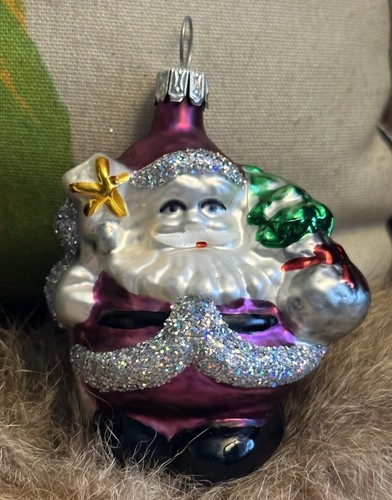 Vintage cute little Santa PURPLE & SILVER GLITTER PLUMP SANTA ornaments - Picture 2 of 10