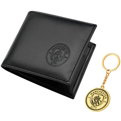 MANCHESTER CITY F.C. Man City F.C. Black PU Wallet & Gold Keyring Set Football Fans Official Merch