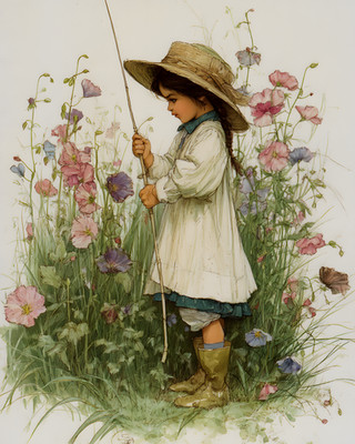 8x10 Cozy Storybook Little Girl in Field of Flowers Art Print - 955095228