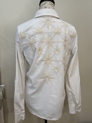 Paige Womens Embroidered Roll Up Button Down Shirt Sz Small Western Beige