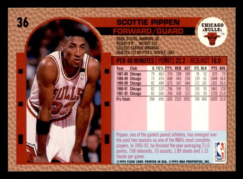 1992-93 Fleer #36 Scottie Pippen Chicago Bulls - 第 2/2 張圖片