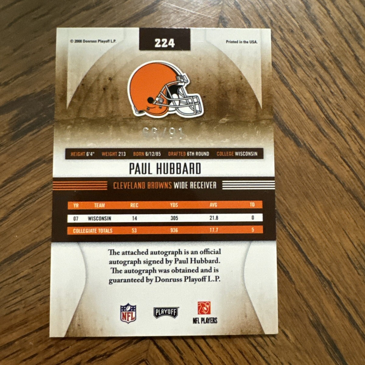 2008 Playoff Absolute Memorabilia Paul Hubbard RC Auto 66/91