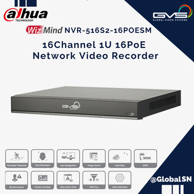 Dahua OEM 16CH/PoE 1 2SATA 4K AI 8MP SMD+ Perimeter Face NVR-516S2-16POESM