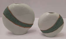 Vintage Mid-Century Modern Green Miniature Ceramic Round Vases Set of 2
