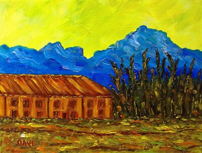 Art Print of Oil Painting by Dave. Landscape Mountains Cottage Sky Cypress Trees