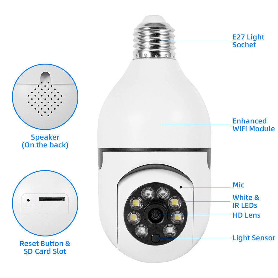 1080P HD E27 Light Bulb IP Camera 5G Wi-Fi IR Night Smart Home Wireless Security - Image 4 of 4