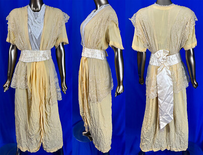 Edwardian Titanic Era Yellow Silk Cream Lace Fichu Net Dickey Belted Wrap  Dress