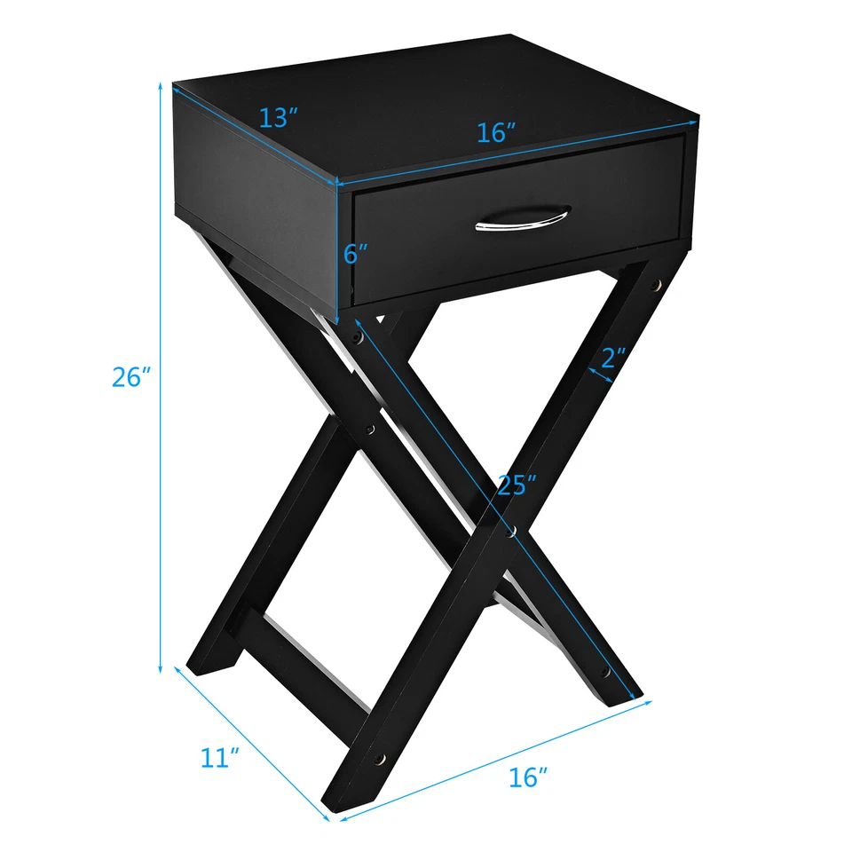 Modern Nightstand X-Shape Accent Side End Table Furniture w/ Drawer Black - Image 2 of 4