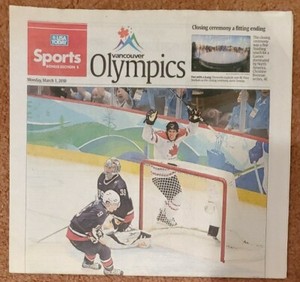 SIDNEY CROSBY 2010 VANCOUVER OLYMPICS USA TODAY SPORTS SEC NEWSPAPER, PITTSBURGH