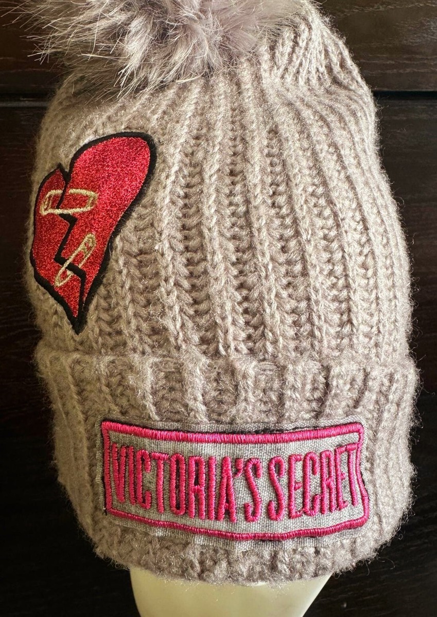 VICTORIA SECRET POM POM BEANIE GRAY GLITTER BROKEN HEART  display picture 3