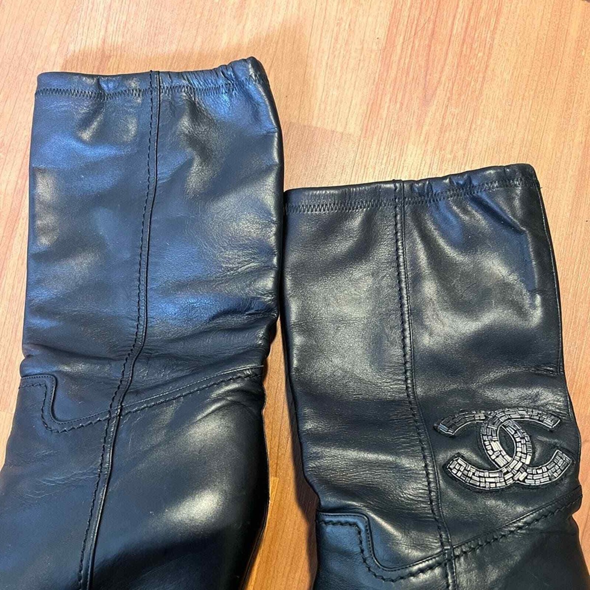 Chanel Leather CC Crystal Embellished Black Wedge Heel Calf Boots