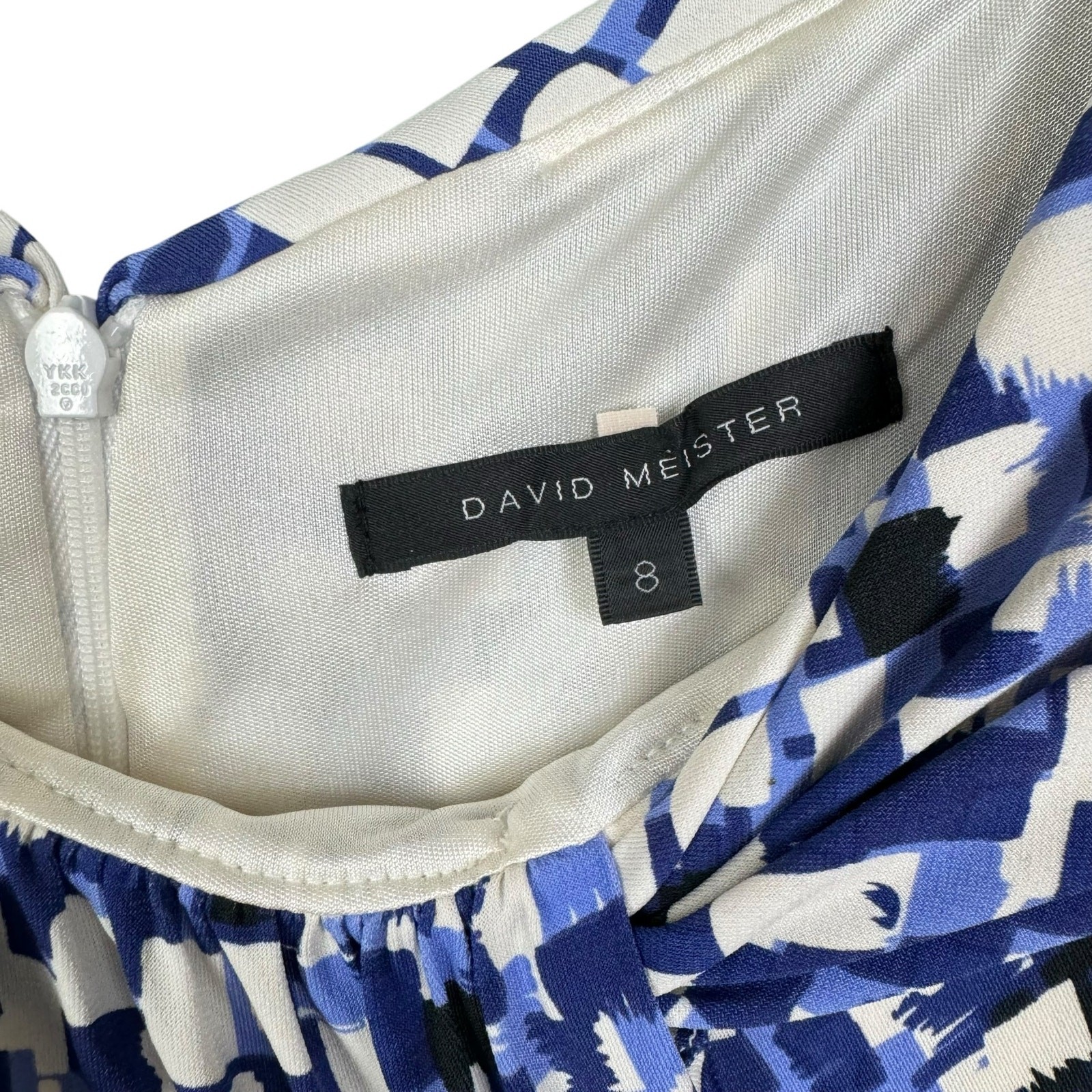 David Meister 8 Blue Geometric Print Cap Sleeve Jersey Belted Sheath Dress