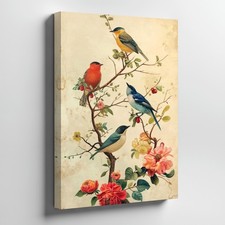 Vintage Style Canvas Wall Art With Colorful Birds Floral Branch Decoration Print