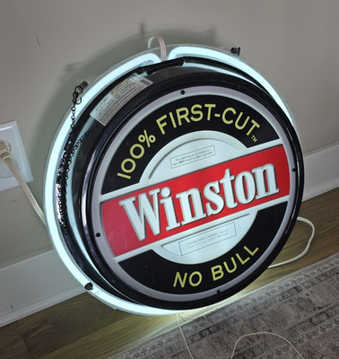 Winston 100% First-Cut No Bull Round Lighted Cigarette Tobacco Advertising Sign