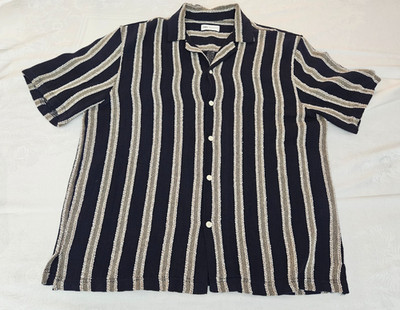 Zara Mens short sleeve button down Vertical tripes Black and beige Sz L