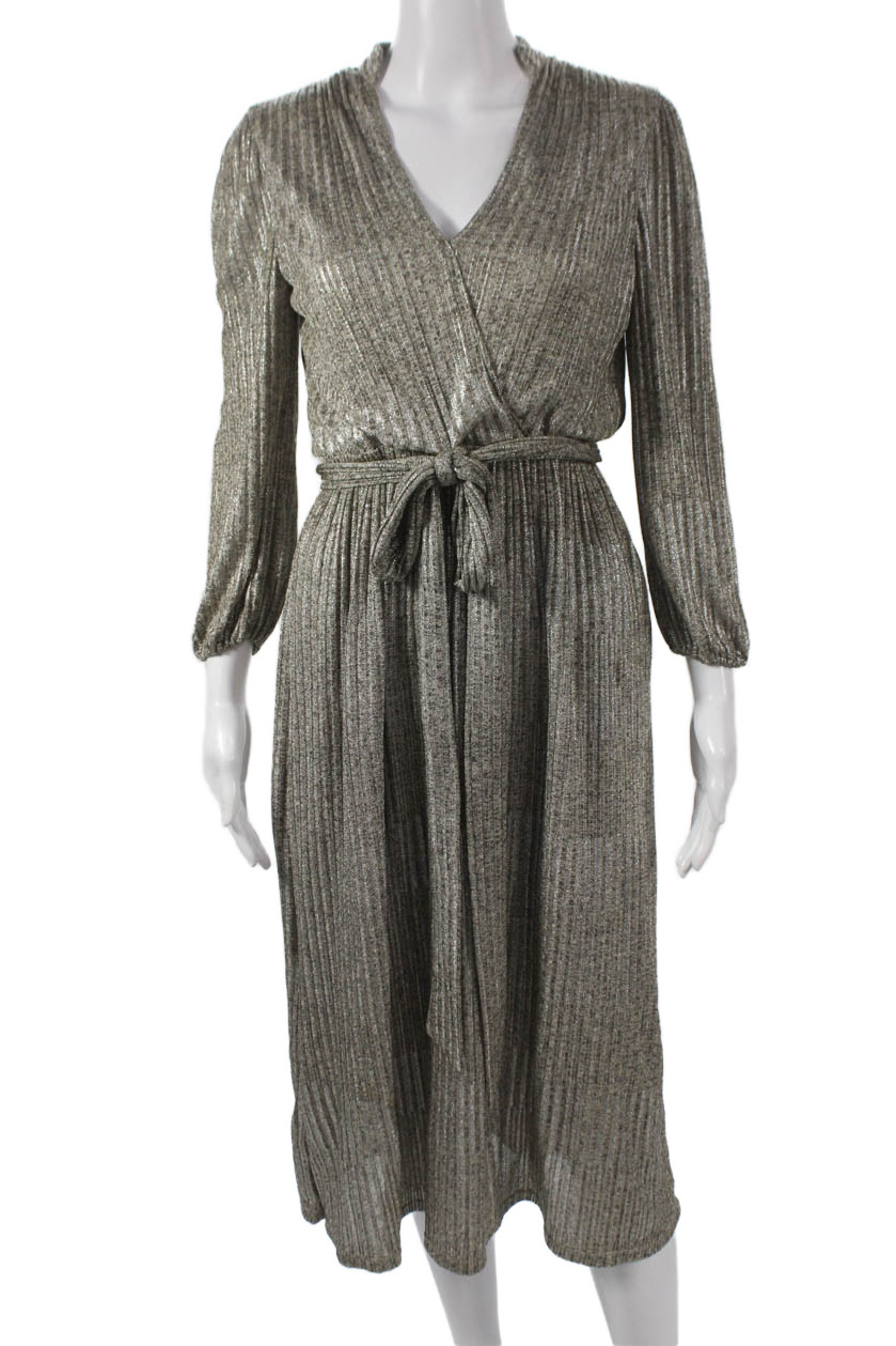Alice + Olivia Womens Wrap Dress Gray Striped V-Neck 3/4 Sleeve Mid Calf Size 0Free Shipping in US $100+ Orders | $6.95 Orders Below