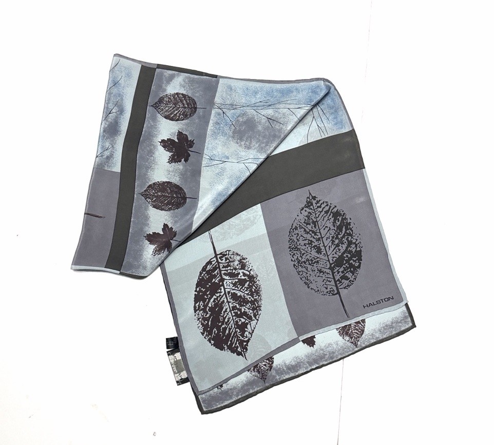 Halston Gray Silk Rectangle Scarf Tree Leaves Pri… - image 5