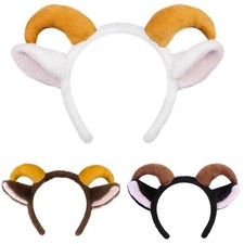 3 Pack Goat Ears and Ram Horns Headband, White Black Yellow Headwear Set