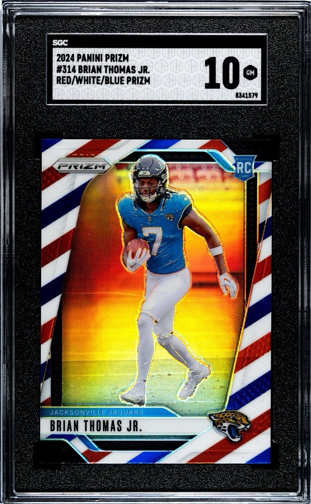 2024 Prizm | #314 | Brian Thomas Jr. | Red White Blue Prizm (RWB) | SGC 10