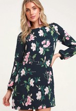 Lulus Rosalinda Navy Blue Floral Print Long Sleeve Shift Dress Size Medium