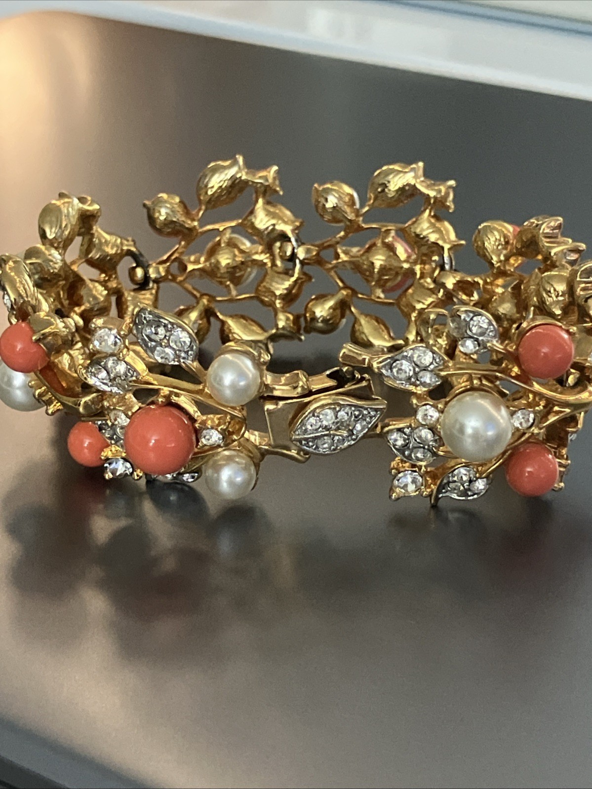 Kenneth Jay Lane KJL Faux Pearl & Coral Crystal B… - image 1