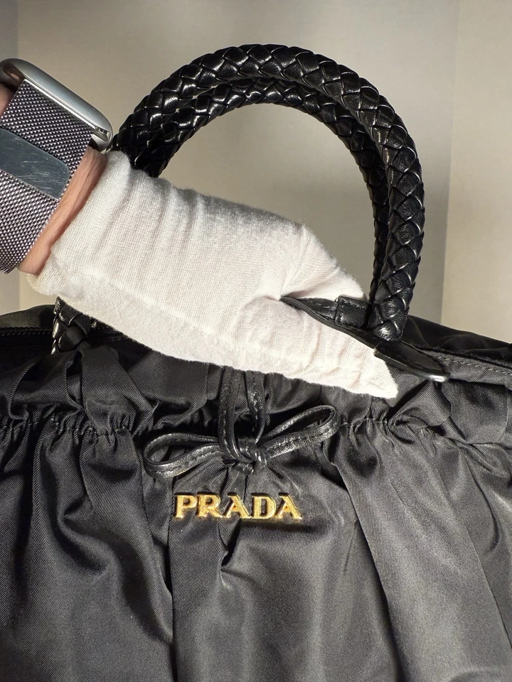 Prada Tessuto 尼龙托特包黑色编织皮革手柄单肩包金色五金件 — 第 3/4 张图片