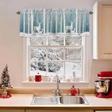 Valance Curtains-White Christmas Deer in Winter Snow Forest for Living Room,B...