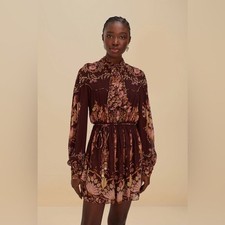 Farm Rio Burgundy Bella Knotted Neckline Mini Dress, Size Small, $260