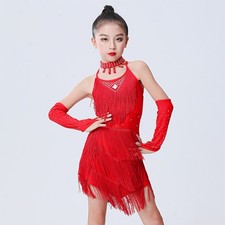 Children's Rhinestone Latin Dance Costume with Sequined Ruffled Skirt Design