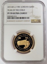 AH1401// 1981 GOLD JORDAN 60 DINARS YEAR OF THE CHILD NGC PF 70 ULTRA CAMEO