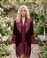 Johnny Was XL Burgundy Wine Velvet Kimono Cardigan Embroidered Top Wrap Duster