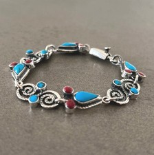 Ethnic Sterling Silver Bracelet with Turquoise & Coral Stones Boho Chic Design