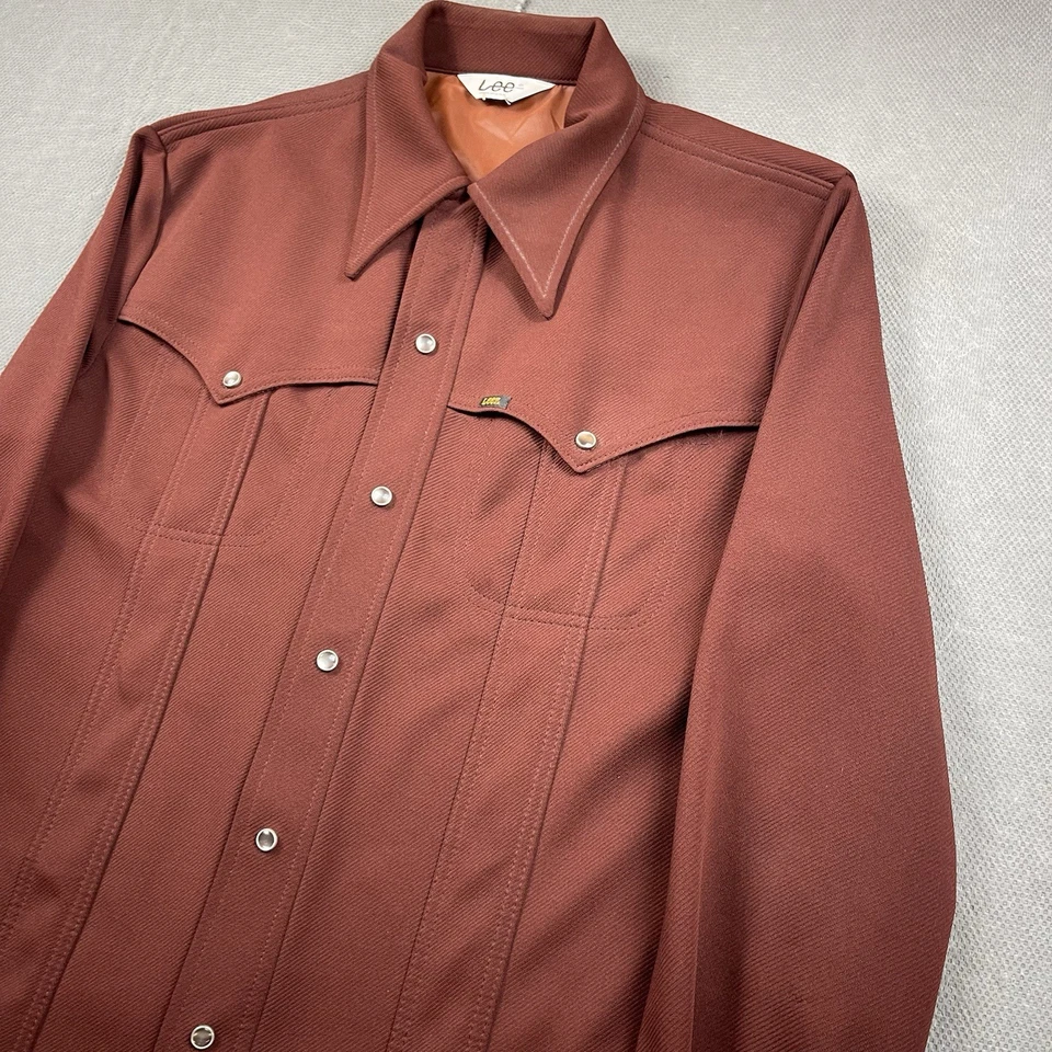 Camisa Lee De Colección Para Hombres Grande* Marrón Óxido MR Perla Snap EE. UU. 70 Vaquero Retro Foto 3 de 4