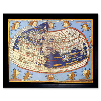 Karte Nicolas 1482 Ptolemäus 2. Jahrhundert Weltbild Wandkunstdruck gerahmt 12x16