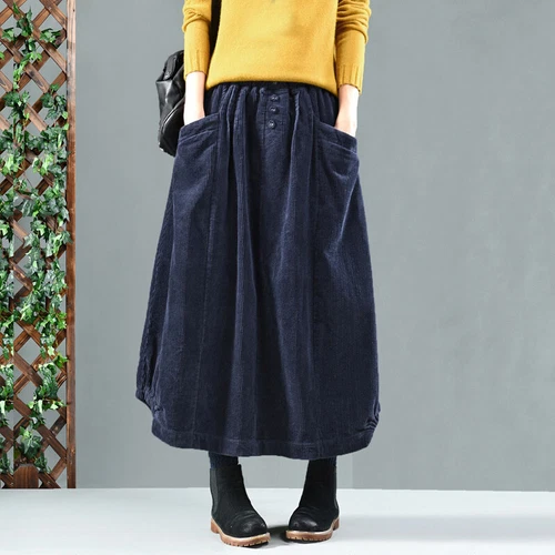 Gonne lunghe invernali lunghe casual A-Line nuove da donna in velluto a coste elastico in vita - Foto 12 di 14