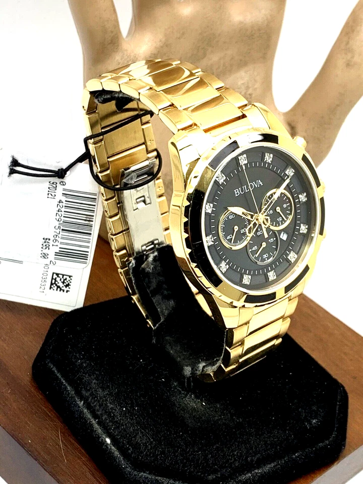 Bulova Men's Watch 97D121 Quartz Chronograph Diamond Black Dial Gold Steel 44mm - image 2 of 4