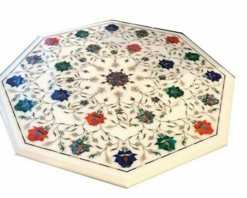 20-Inch Marble Table with Semi-Precious Stone Pietra Dura Inlay for Home Decor