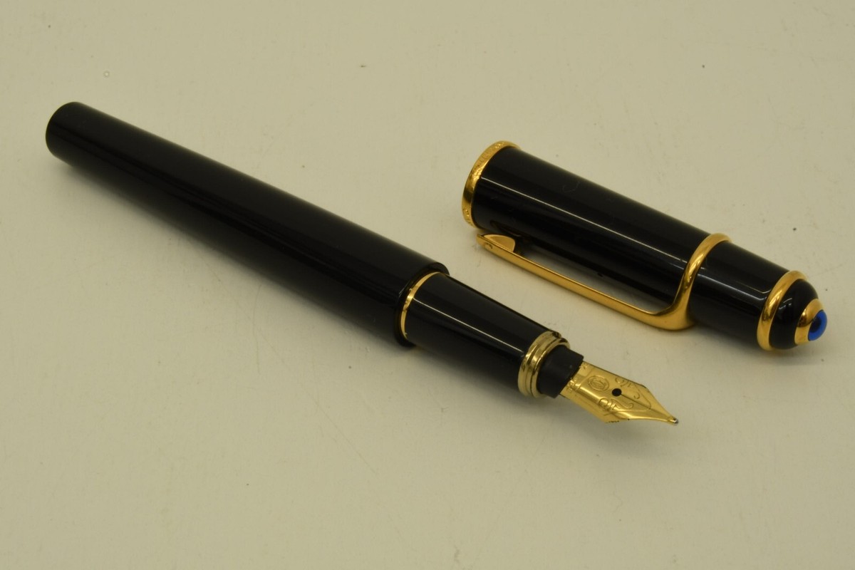 Authentic Cartier Black Enamel Fountain Pen Gp Blue Sapphire Desk