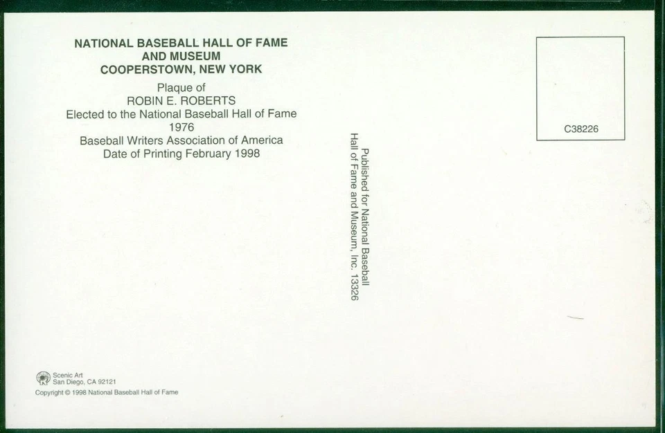 093, Original Autograph of Robin Roberts (3), HOF Plaque Postcard, Phillies - Image 2 of 3